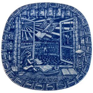 1976 Julen Rorstrand Christmas Plate Boy Reading Book Made in Sweden Cobalt Blue